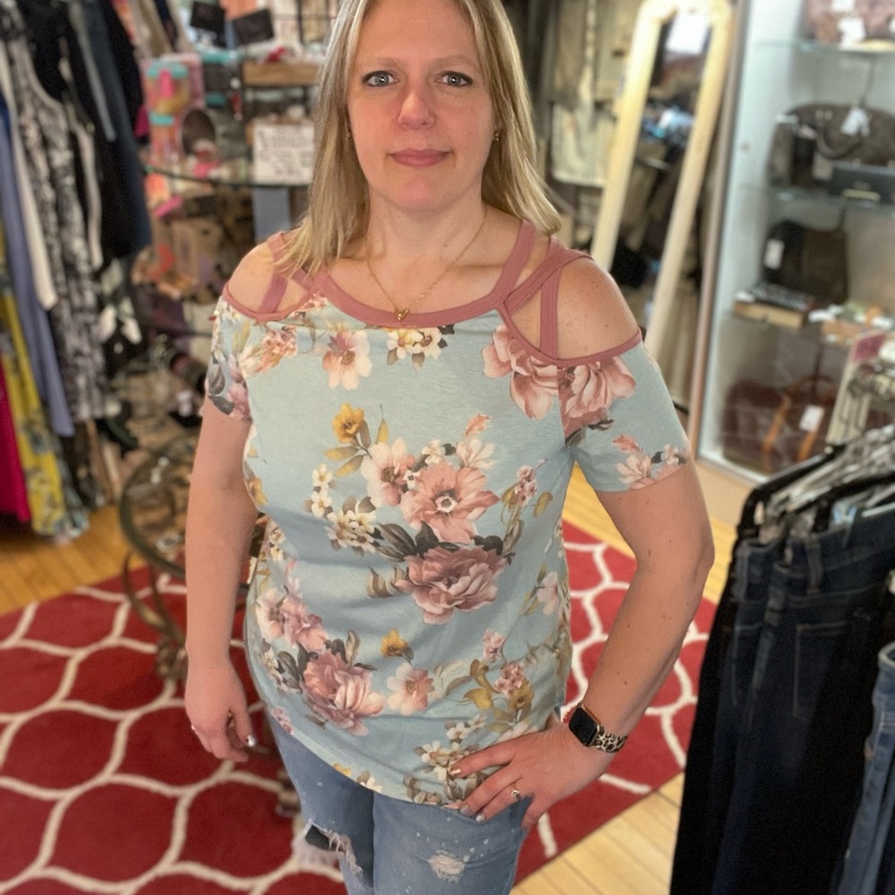 Sky Blue and Blush Pink Floral Multi Strap Cold Shoulder Top